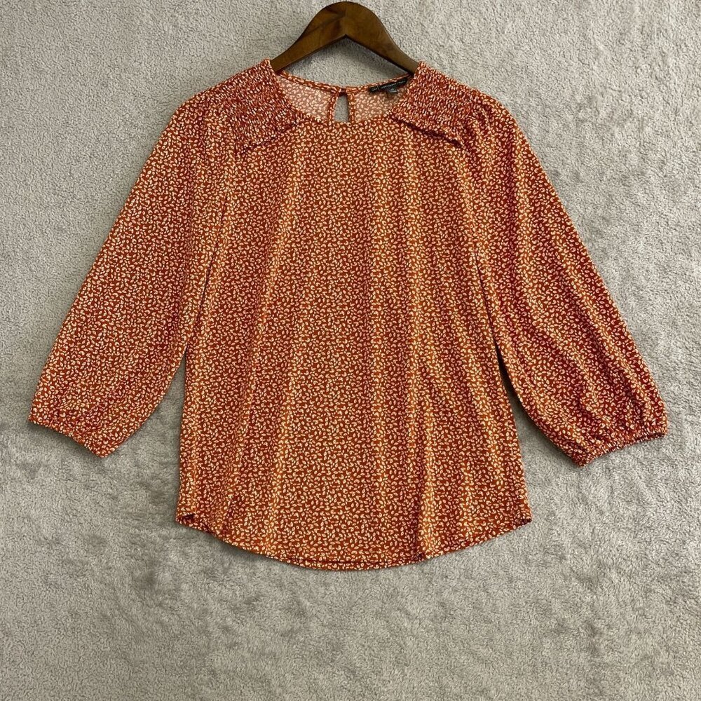 NWOT Adrianna Papell Women's XS Rust Floral Print Blouse With Smocked Neck J1002 - Picture 6 of 14